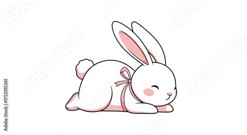 A cute white bunny with pink accents and a bow lies down happily.