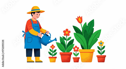Illustrative scene of gardener tending a vibrant garden with colorful potted flowers and a