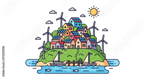 Sustainable island community with renewable energy sources and clean environment illustration