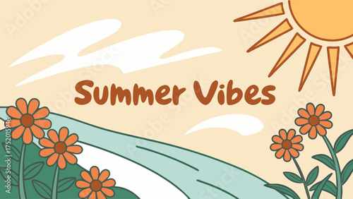 Cheerful summer vibes design with sun and flowers, perfect for a vibrant seasonal campaign or upbeat social media post evoking warmth