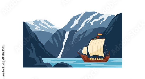 Scandinavian fjord landscape with ancient sailing vessel creating a sense of adventure and travel