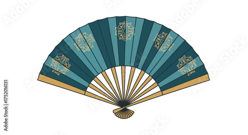 Elegant teal fan with gold accents on a white background, a captivating symbol of tradition and