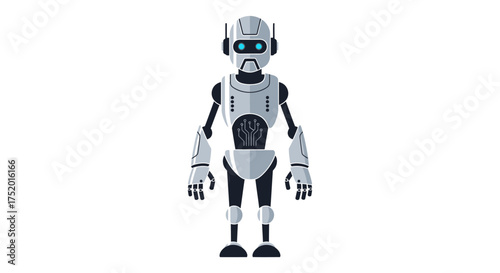 Futuristic humanoid robot illustration standing against a blank white background showing detailed