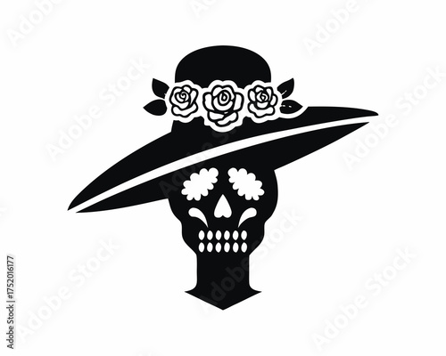 La Catrina Skull Illustration, Elegant Female Skeleton with Roses and Hat, Día de los Muertos Vector Design