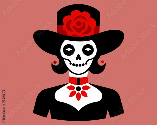 La Catrina Skull Illustration, Elegant Female Skeleton with Roses and Hat, Día de los Muertos Vector Design