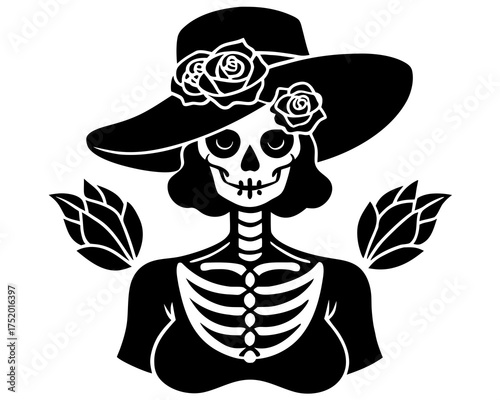 La Catrina Skull Illustration, Elegant Female Skeleton with Roses and Hat, Día de los Muertos Vector Design