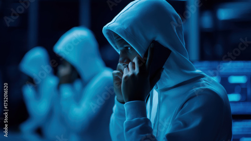 Group of scammer wearing a hoodie is talking on a cell phone, fraud and criminal concept