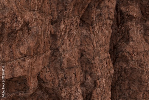 A detailed close-up of a rugged, weathered reddish-brown rock face, featuring deep crevices, varied textures, and strong shadows highlighting its natural, ancient surface