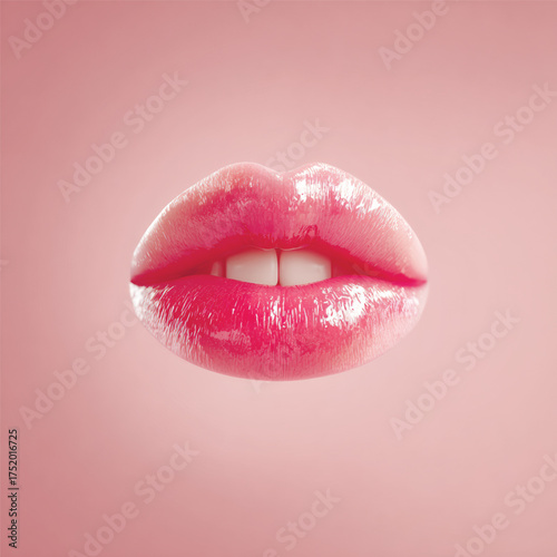 Realistic 3D render of glossy pink lips on soft pastel background, beauty and makeup concept symbolizing sensuality, care, and femininity. Vector illustration
