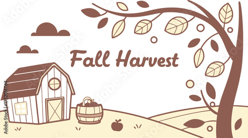 Charming fall harvest scene with barn and apple basket for seasonal designs and autumn promotions, embodying the warmth of the harvest season
