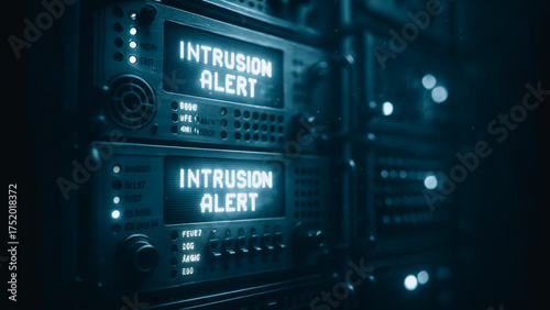 A server rack displays an Intrusion Alert, highlighting network vulnerability and cyber security, a visual representation of the digital world's potential risks.