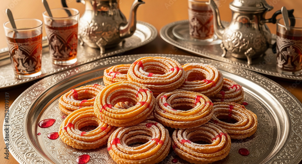 Fototapeta premium Traditional Arabic sweet pastries served with mint tea on a silver platter