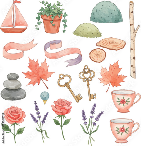 Watercolor still life with nature elements