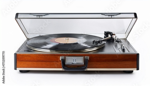 a vintage turntable with a wooden case and a clear lid isolated on a white background