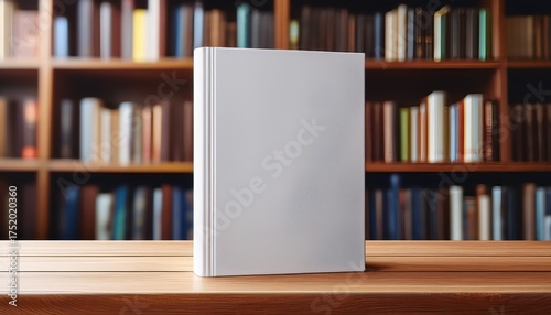 a blank book standing upright on a wooden table a blurred bookshelf in the background perfect for book cover mockups