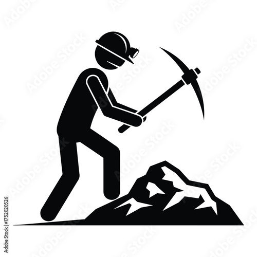 Miner working with pickaxe symbol icon representing mining industry and hard labor digging for resources