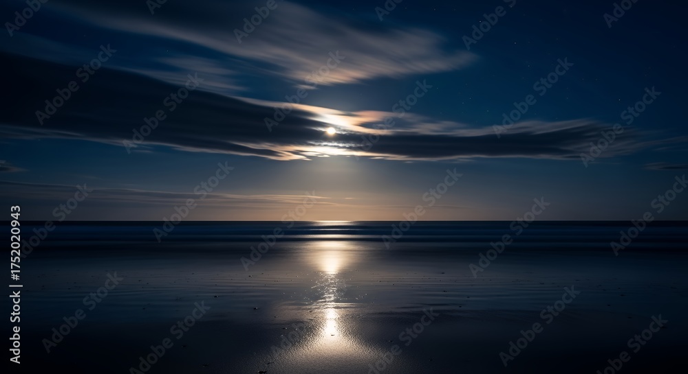 Obraz premium Serene Nightscape - Full Moon Reflecting on Wet Sandy Beach Under Cloudy Sky with Stars and Ocean Waves at Twilight