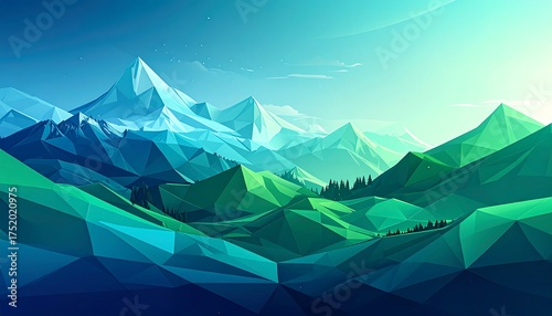 A low-poly landscape of mountains and valleys. Gradations of teal and green create depth with a soft glow in the upper right