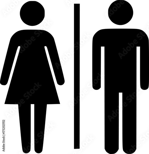 Bathroom sign silhouette. This image displays a standard restroom symbol with black figures for female and male, separated by a line, indicating public toilets. Vector clipart illustration design