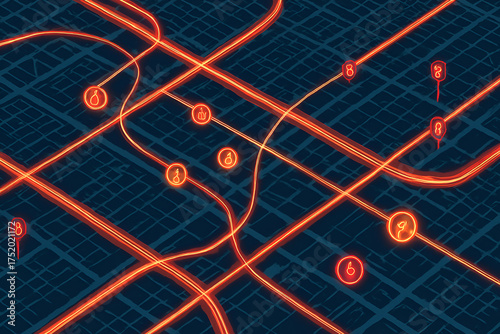 Futuristic City Data Map with Glowing Orange Navigation Highways