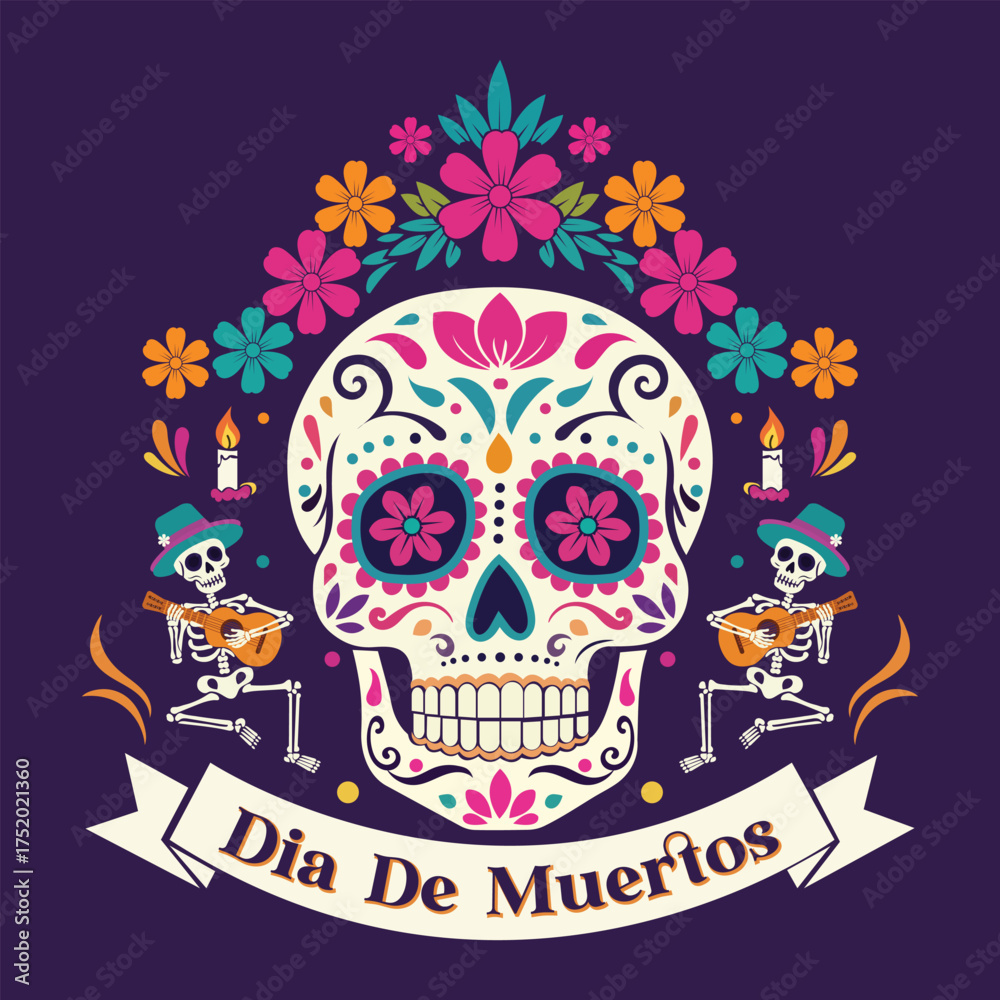 Fototapeta premium Dia de Muertos Mexican festival background with colorful skulls, skeletons, marigolds, and decorative frame design for greeting cards, invitations, posters, and banners.