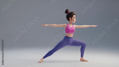 Animated Woman Demonstrates Warrior Two Yoga Pose for Wellness and Healthy Lifestyle