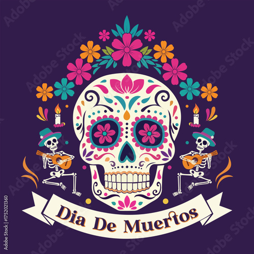 Dia de Muertos Mexican festival background with colorful skulls, skeletons, marigolds, and decorative frame design for greeting cards, invitations, posters, and banners.