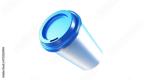 Sleek white coffee cup with vibrant blue lid floats elegantly, perfect for modern beverage branding and lifestyle concepts.