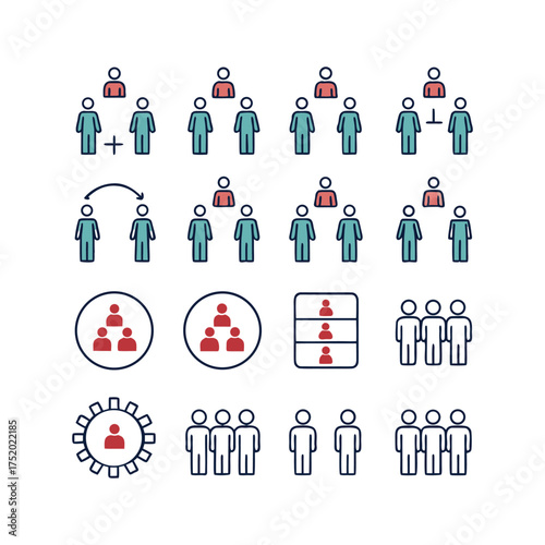 Teamwork and collaboration icons representing business hierarchy and social networks