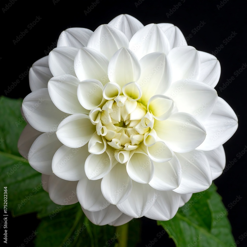 Fototapeta premium A close-up shot of a pristine, white flower with numerous delicate petals, centered against a black background, showing vibrant green leaves