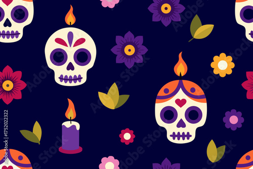 Day of the Dead Seamless Pattern, Sugar Skulls, Flowers, and Candles on Dark Mexican Background isolated on white background