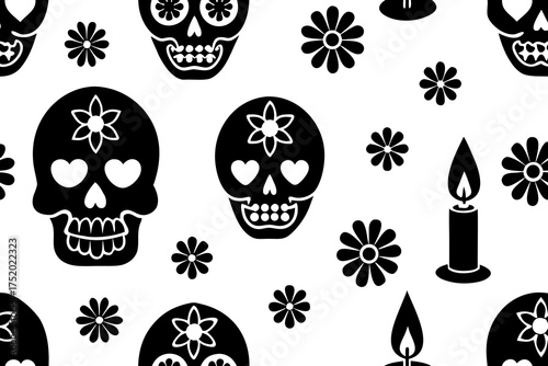 Day of the Dead Seamless Pattern, Sugar Skulls, Flowers, and Candles on Dark Mexican Background isolated on white background