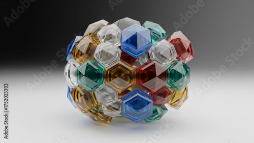 Artistic representation of a spherical structure adorned with multicolored crystal hexagons