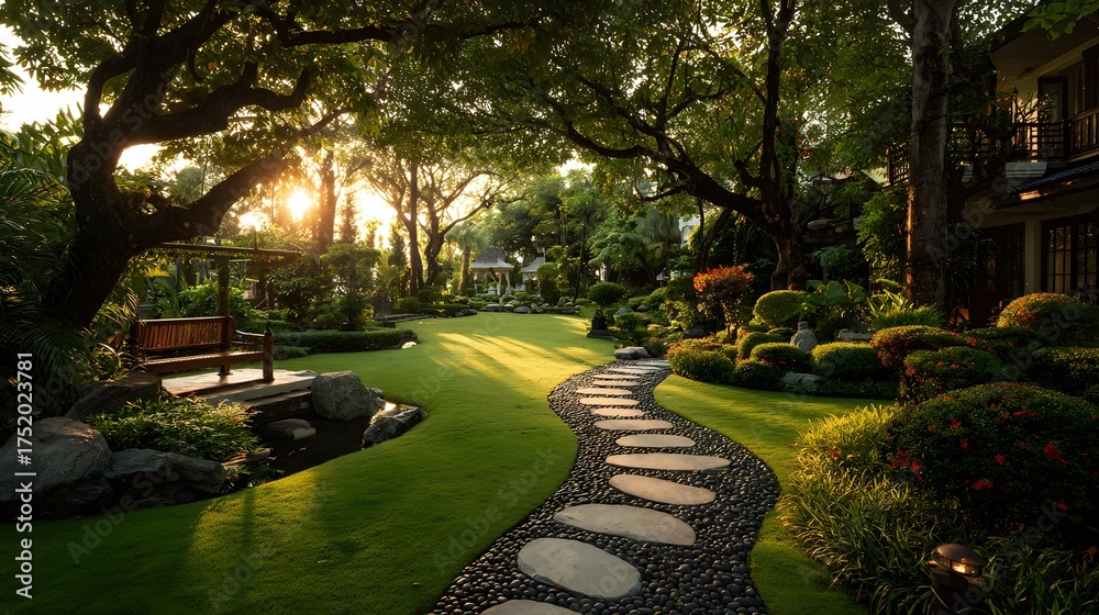 Fototapeta premium Meticulously landscaped garden path of stepping stones and pebbles meanders through a vibrant green lawn at sunrise, with sunlight filtering in.