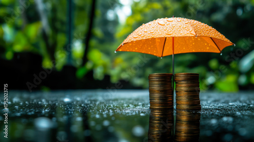 Wallpaper Mural Rainy day savings with coins and an umbrella in a natural setting Torontodigital.ca
