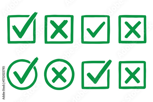 Check mark icons set. Green brush stroke check mark, tick symbols, checklist signs. Grunge brush stroke signs. Grunge checkmark design. Dirty grunge stroke checkmark sign vector illustration
