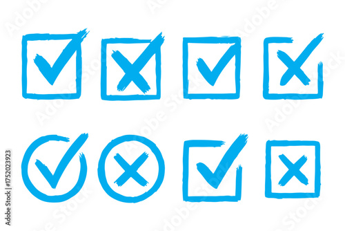 Check mark icons set. Green brush stroke check mark, tick symbols, checklist signs. Grunge brush stroke signs. Grunge checkmark design. Dirty grunge stroke checkmark sign vector illustration