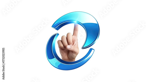 Hand reaching out to touch glowing blue abstract shape, representing innovation, technology, and a futuristic connection, perfect for modern branding and digital concepts.