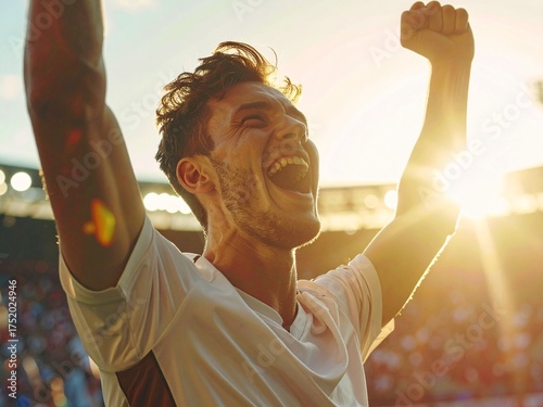 Soccer Player Celebrating Victory at Sunset Stadium with Joyful Expression
