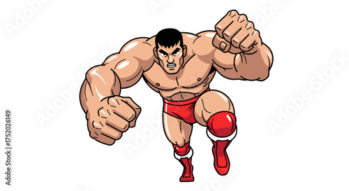 Dynamic male wrestler illustration, capturing raw power and athletic determination in a striking action pose, embodying the intense competitive spirit of combat sports