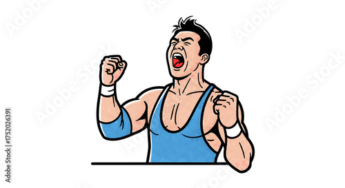Excited Wrestler Celebrating Victory With Fists Pumped in the Air