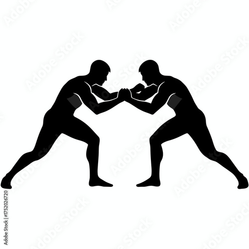 Silhouette illustration of two wrestlers grappling during a competitive match, showcasing strength and determination