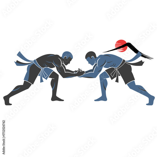 Stylized graphic illustration of two traditional folk wrestler athletes in a competitive grappling stance