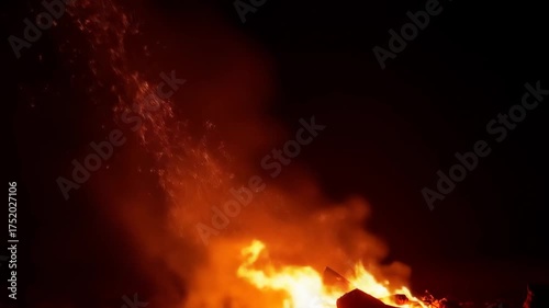 Blazing Inferno: Captivating Display of Flickering Flames and Flying Embers in the Night