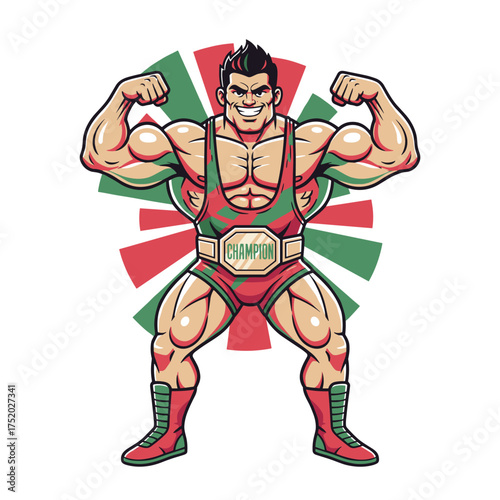Muscular Wrestler Champion Flexing Biceps with Championship Belt and Patriotic Colors