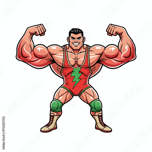 Dynamic illustration of a powerful male wrestler flexing his muscles with confidence, showcasing strength and athleticism in a vibrant, cartoonish style ready for competition