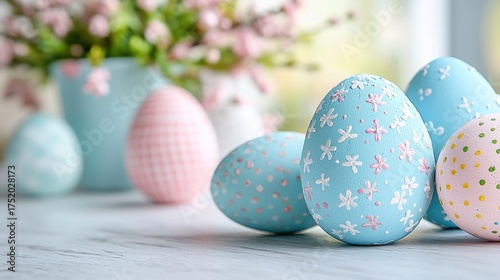 Soft-focus Easter scene with decorated pastel eggs and blurred floral backdrop