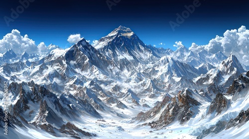 Snowy mountain range under bright blue sky, clouds dotting the background