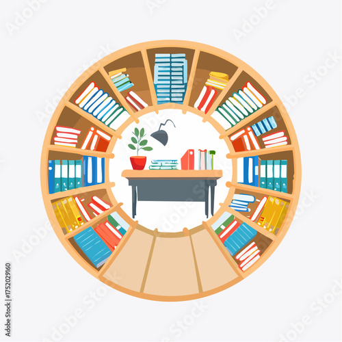 Circular Bookshelf Frame with Desk and Plant in Interior Illustration