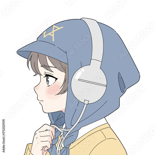 Anime Girl Wearing Headphones and Hoodie Listening to Music.